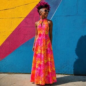 Sherri Martin Womans Small 6 Dress Maxie Halter Floral Pink Orange Tropical